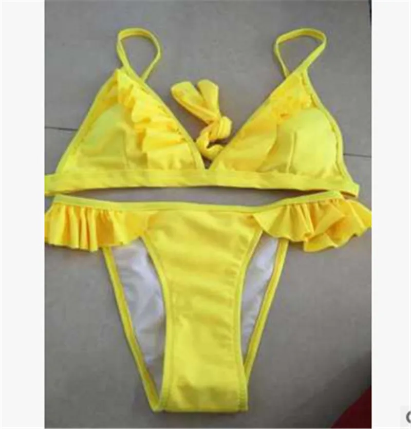 

2019 Separate solid micro Swimsuit thong string Bikini tanga set falbala two piece Women bathing suit costume Sexy lady swimwear