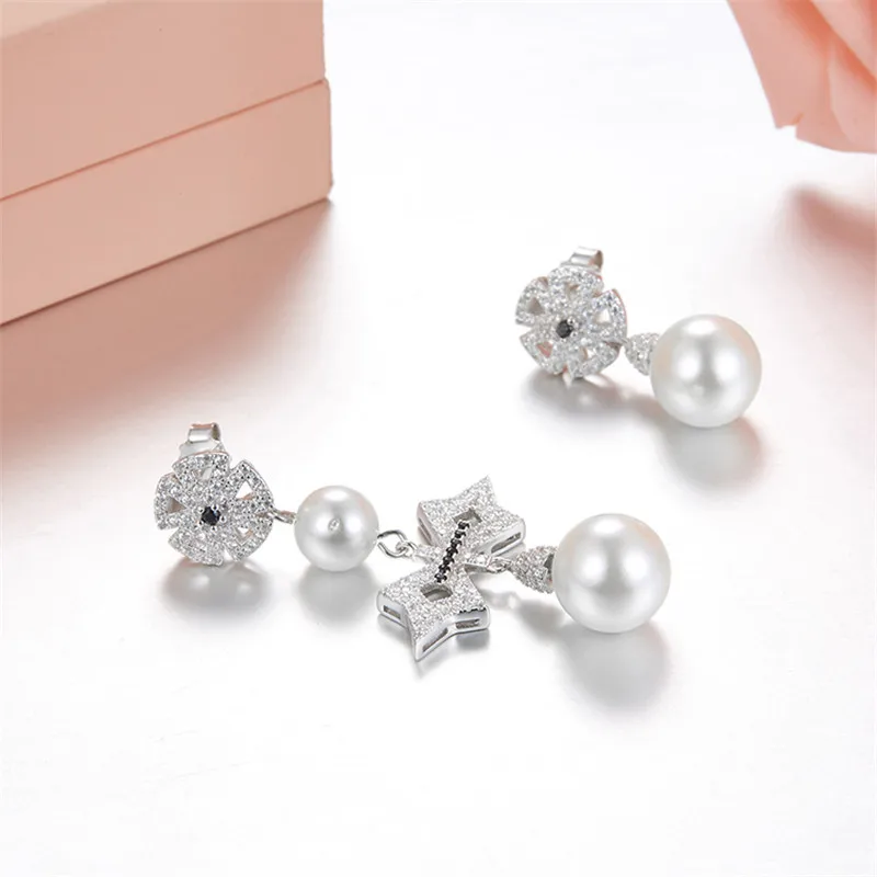 

[MeiBaPJ]Real 925 Sterling Silver Personality Bowknot Asymmetric Earrings for Women with AAA High Quality Stone Fine Jewelry