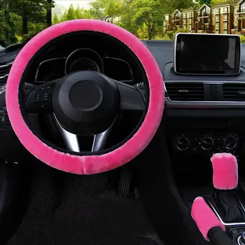 

Car Steering Wheel Cover Gearshift Handbrake Cover Protector Decoration Warm Super Thick Plush Collar Soft Black Pink Women Man