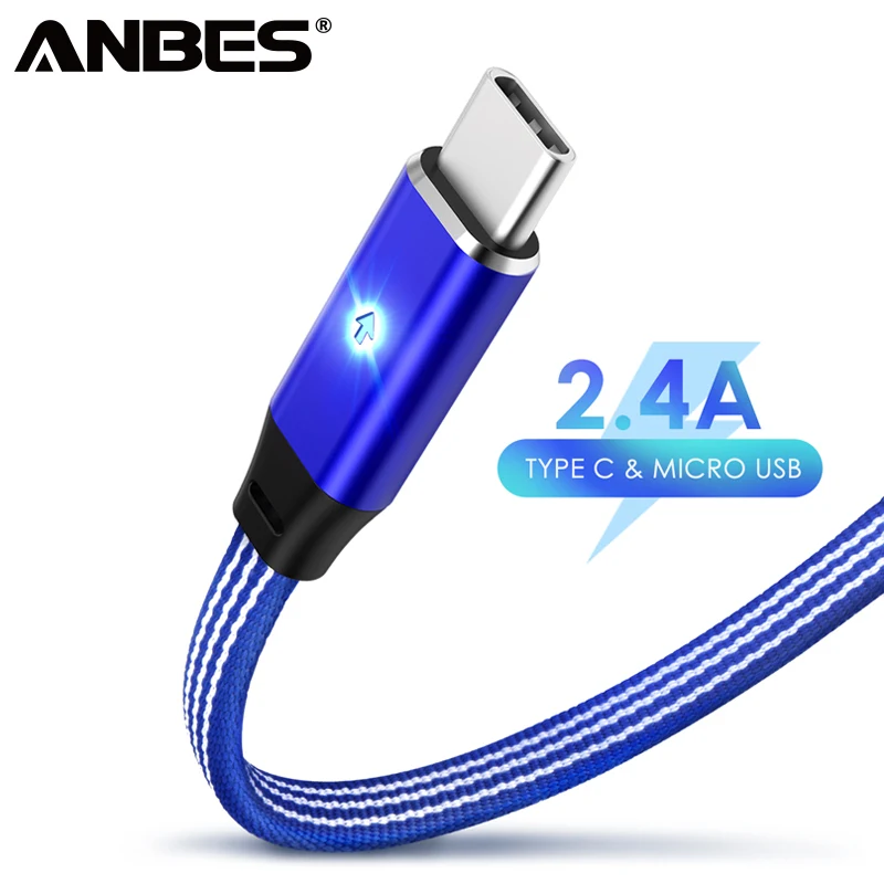 

ANBES Type C Cable Micro USB Charger Cable Nylon Braided Fast Charging Cable With LED Indicator for Samsung Xiaomi Date Cable