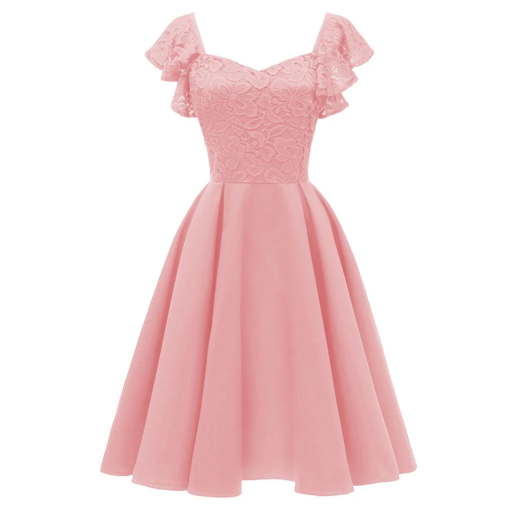 Woman chic pink dress Lace dress Women Formal Petal Sleeve Chiffon Prom