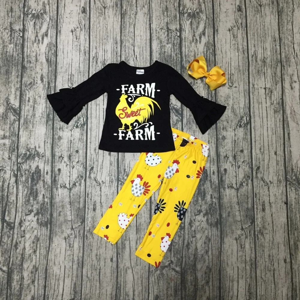 

Fall/Winter baby girls outfits sweet farm chicken black mustard children clothes cotton ruffle boutique match accessory kidswear