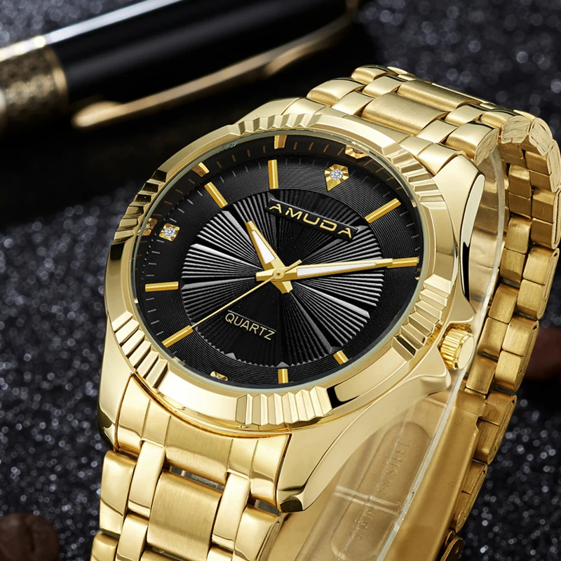 Gold Men Watch Luxury Brand Casual Wristwatch Full Steel Rhinestone