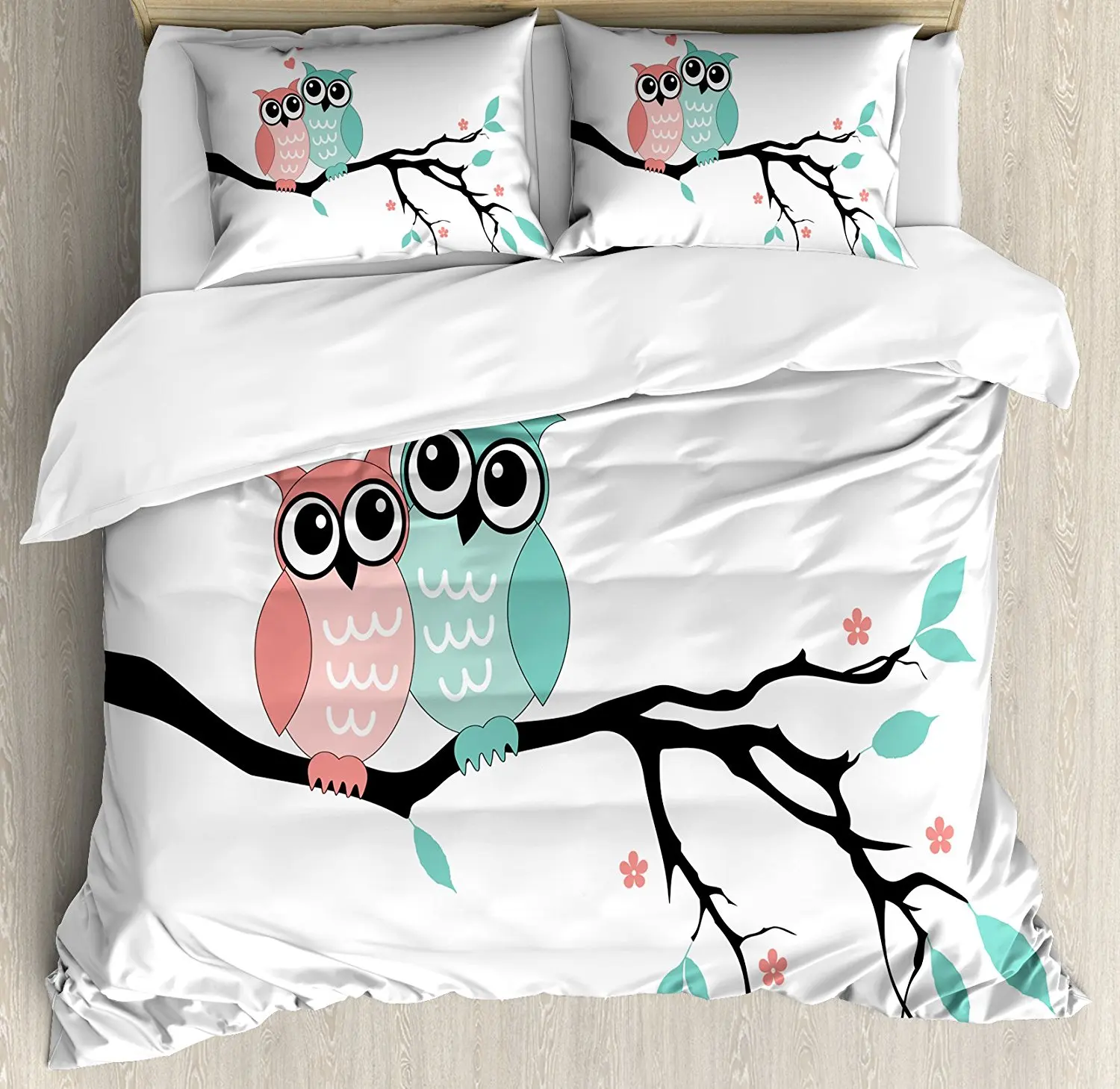 

Teal and White Duvet Cover Set Cute Owl Couple Sitting on Tree Branch Valentines Romance Love Bedding Set Turquoise Coral Black