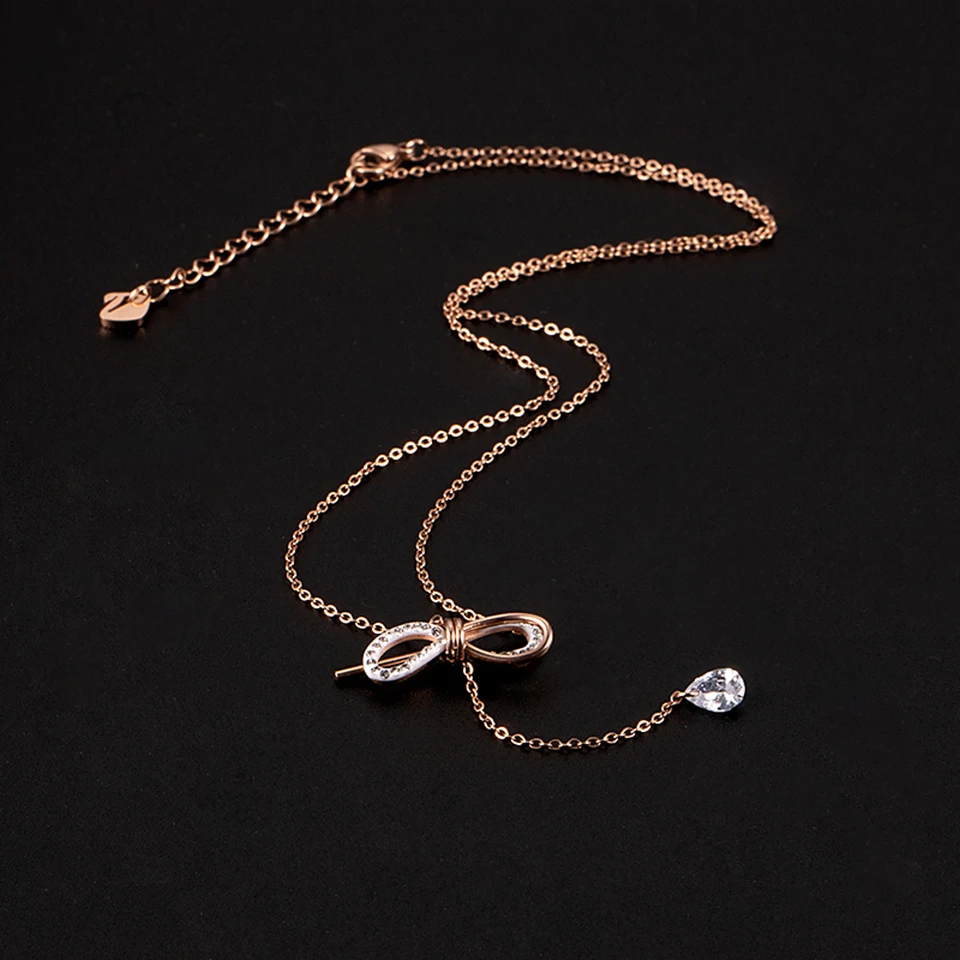 Подвеска в форме банта для ожерелья дамское розовое золото Кристальное ожерелье s титановая стальная цепочка ожерелье модное ювелирное изделие подарок на день Святого Валентина