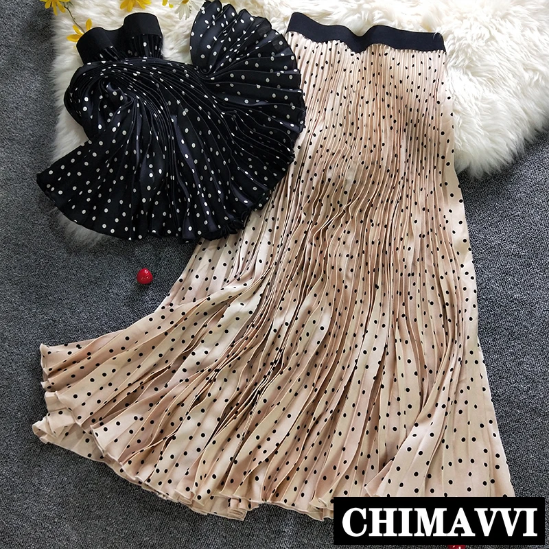 

New Vintage Women High Waist Polka Dot Pleated Skirt Satin Medium Long A Lien Skirts Female Spring and Summer Skirts