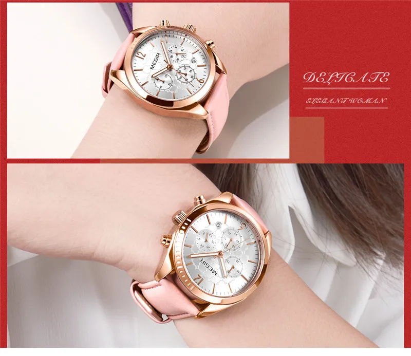 MEGIR, женские часы, водонепроницаемые, Лидирующий бренд, Роскошный хронограф, женские наручные часы, натуральная кожа, классический браслет, женские часы, 2115