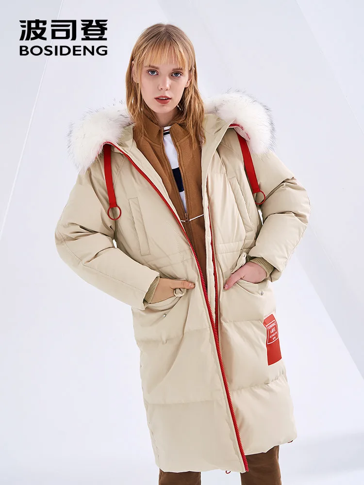 Koop BOSIDENG vrouwen 2018 Nieuwe Stijl Winter Lange Donsjack Mode Afneembare Grote Echte Bontkraag Dikke Jas B80142538DS