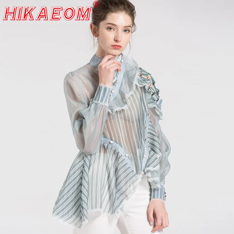 

Mesh See-through Patchwork Shirts Stripe Ruffles Blusas Long Sleeve Autumn Chiffon Women Blouse Women's Irregular Lace Shirts