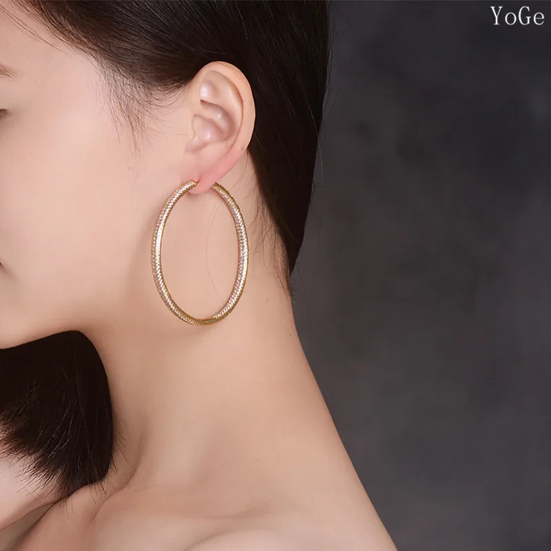 Серьги кольца YoGe E61023G с крупными фианитами 6 см|hoop earrings|earrings hoop earringsearrings women |