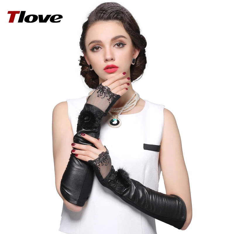 Winter Women's Leather Arm Warmers with Mink Fur Flower Female