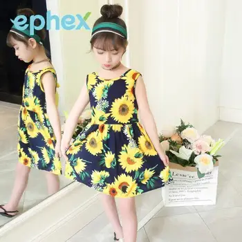 

Ephex Cool Flower Printed baby girl dress outfit Summer Sunflower Dress Sweet Bow Lines Princess Cotton Sleeveless vestido bebe