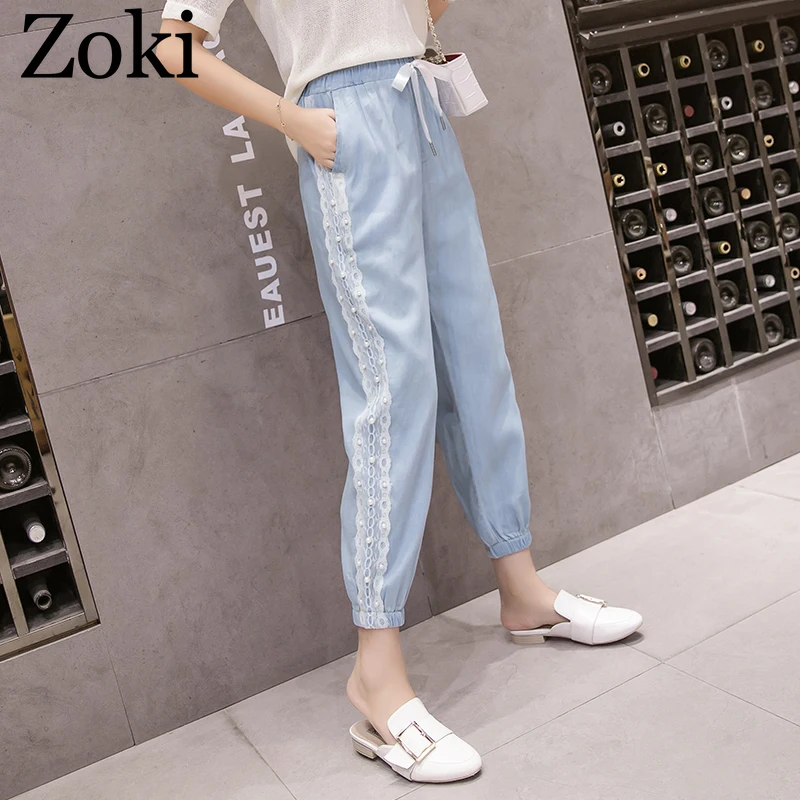 Zoki Tencel тонкие женские джинсы модные летние брюки-клеш с вышивкой кружева длиной до щиколотки джинсовые эластичные повседневные брюки Талия шаровары