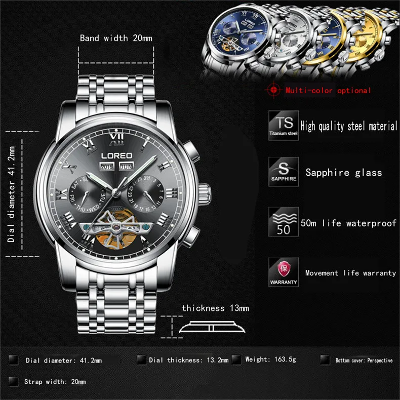 LOREO Brand Swim Men's Tourbillon Mechanical Watches Perpetual Calendar Waterproof Sport Watch Men Watch Clock saat reloj hombre