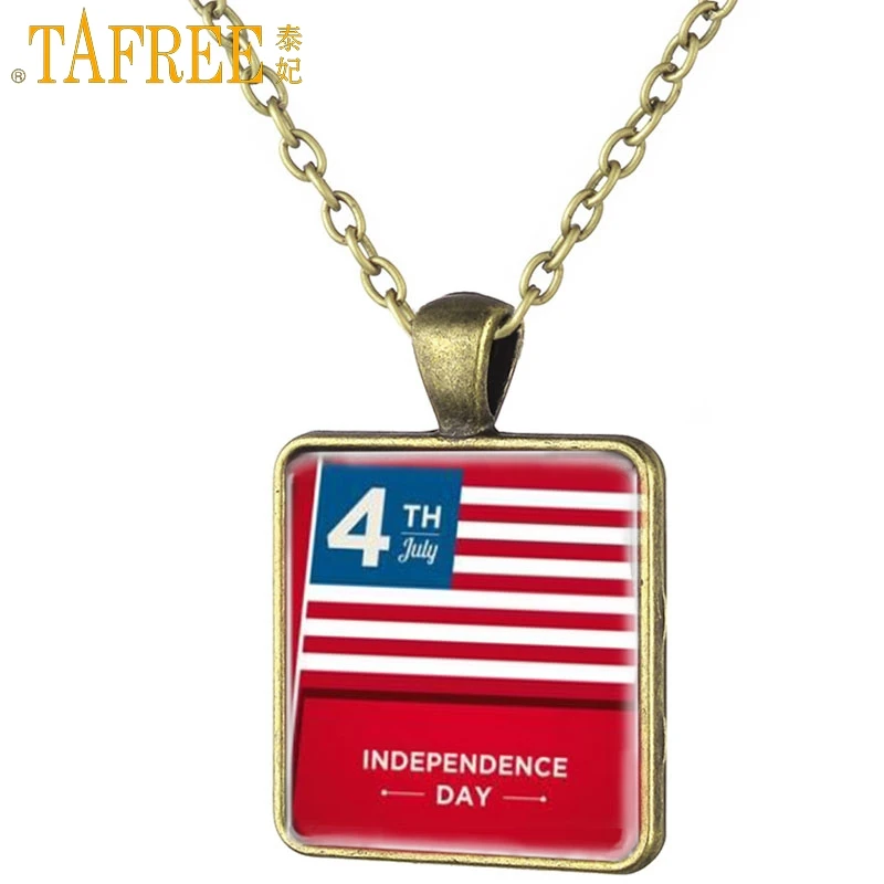 

TAFREE 4th July Independence Day Stars and Stripes Square Necklace Antique Bronze Plated Fashion Women Exquisite Jewelry FQ822