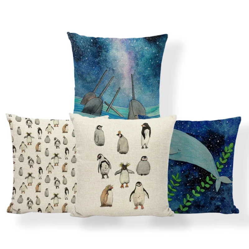 

Fantasy Personalized Pillowcase Color Starry Sky Whale Penguin Cartoon Pillow Bedroom Polyester Linen Decoration Cushion Cover