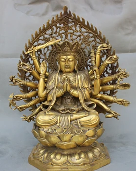 

USPS to USA S1321 17" Tibet Brass Joss Lotus 18 Hands Kwan-yin GuanYin Bodhisattva Buddha Statue