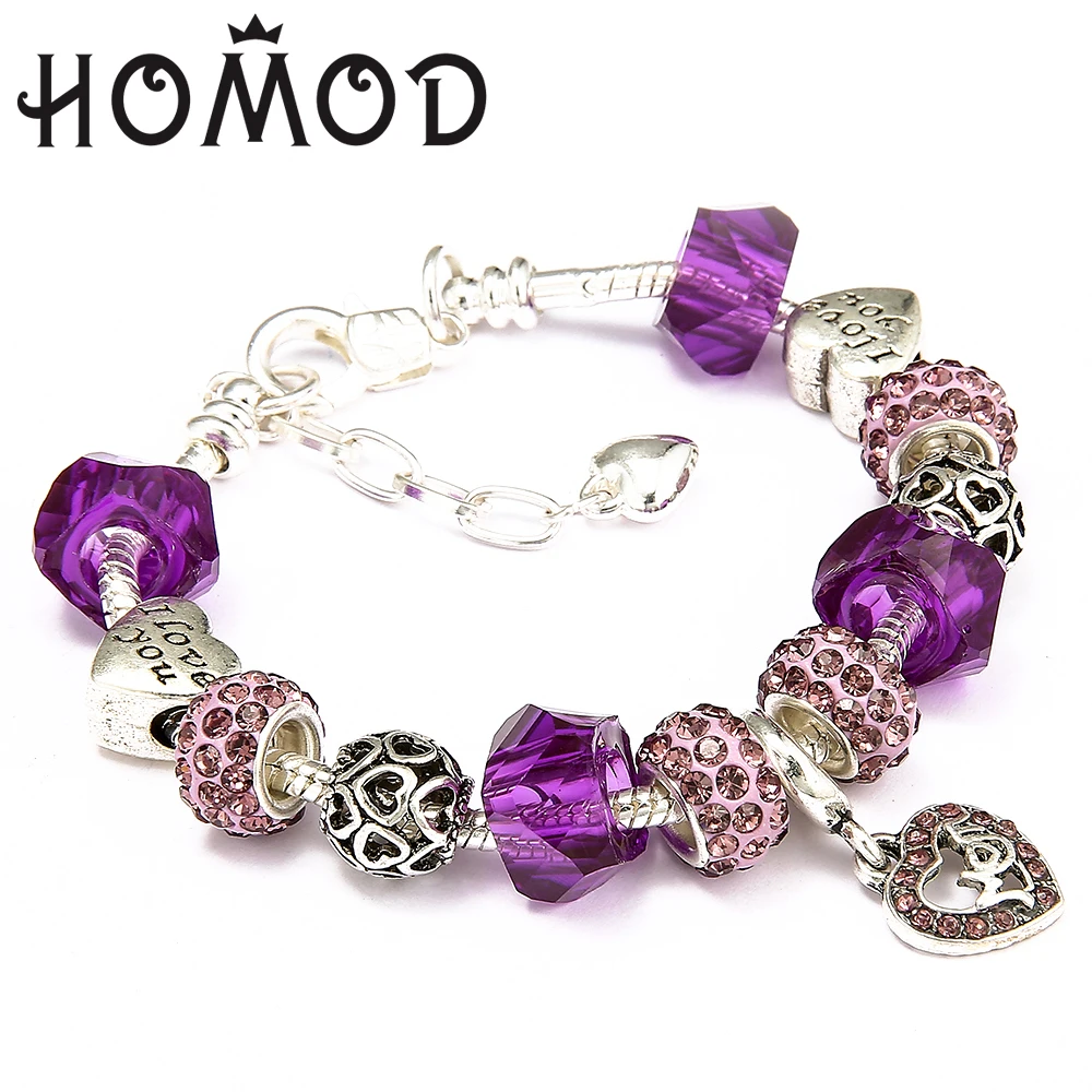 

2019 Fashion DIY Mom Heart Brand Charms Bracelet with Crystal Glass Beads Snake Chain Bracelet for Women Pulseira Jewelry