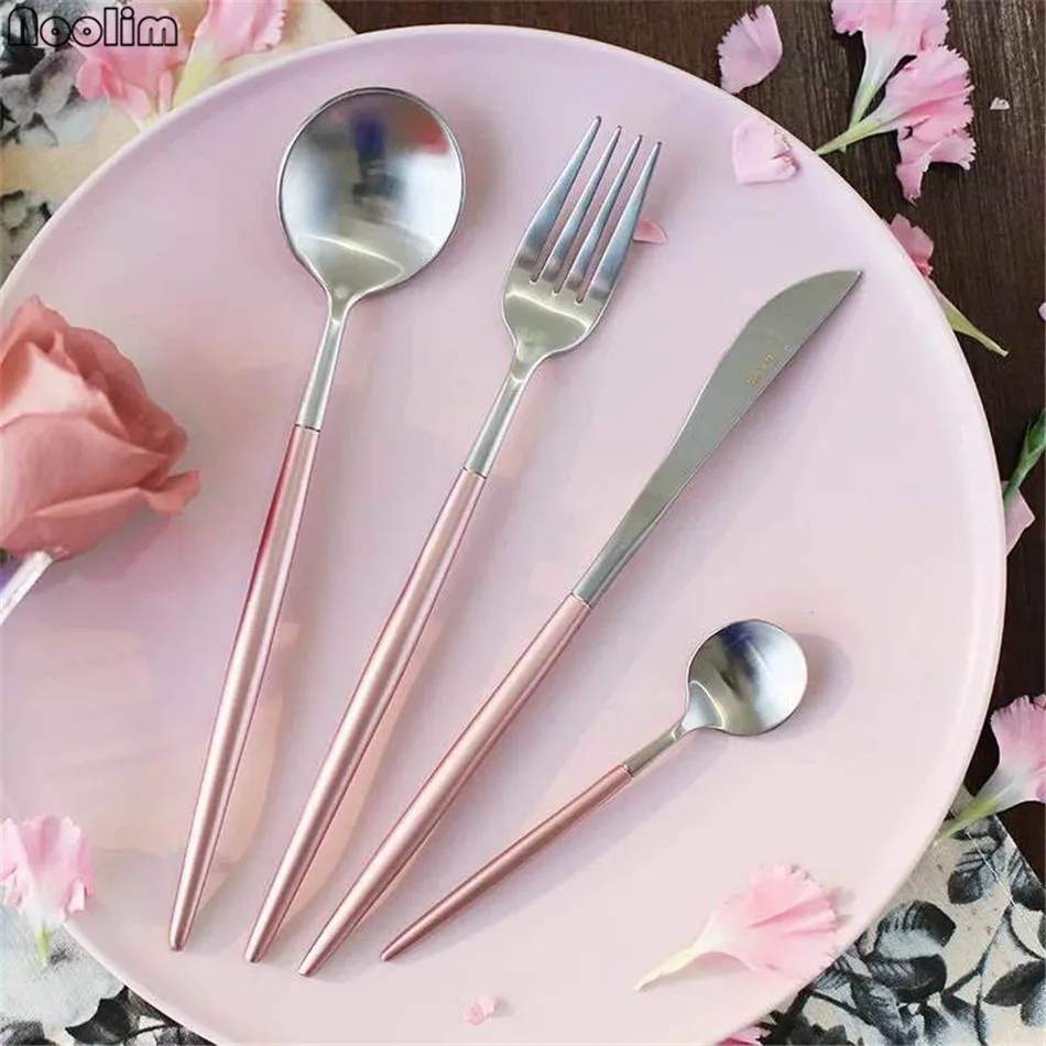 

4Pcs Black/Rose Gold Dinnerware Set Stainless Steel Plating Knife Fork Tableware Cutlery Chic Elegant European Western Food Set