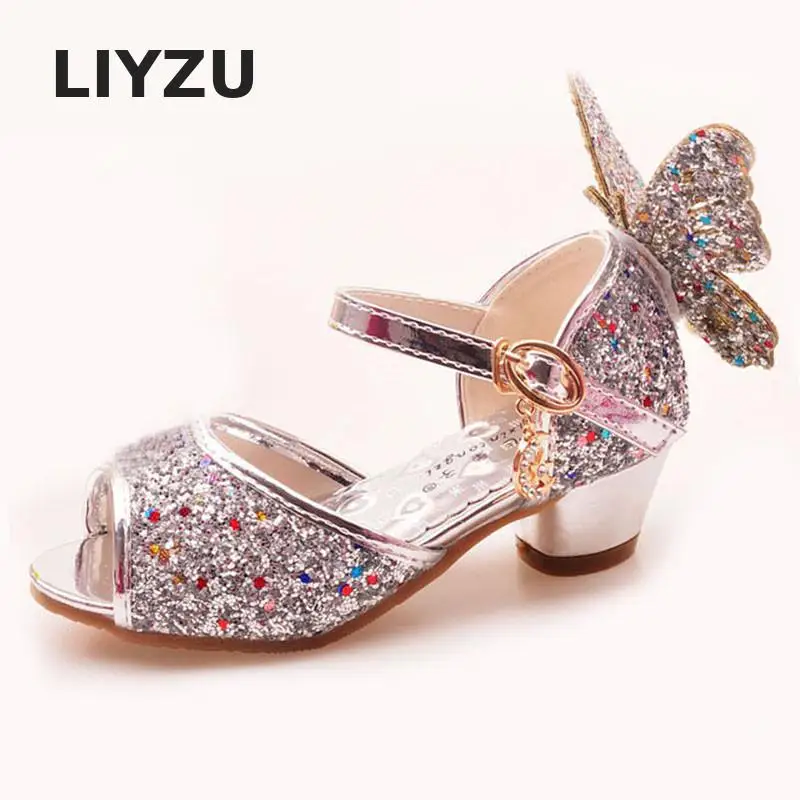 

Kids Shoes Leather Party Dress Wedding Girls Sandals Rhinestone Butterfly Latin Dance Children High Heel Princess Shoes Glitter