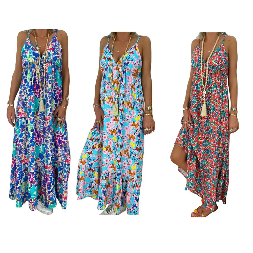 

2019 Womens Boho Floral Maxi Dress Party Strappy Summer Beach Holiday Spaghetti Strap Sundress Plus Size S-5XL
