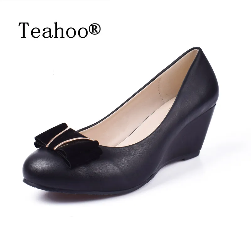 2017 Women Fashion Comfortable Wedges Shoes Heels Round Head Black High Heels For Women Soft Pumps Bowtie Casual Working Shoe 41