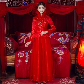 

Red Classic Royal Chiffon Princess Dress Long Sleeve Woolen Collar Cheongsam Long Sleeve Bride Wedding Flower Qipao Marriage Set
