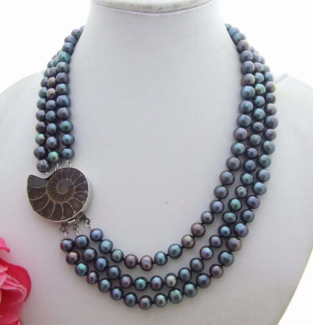 

FREE SHIPPING>>>@@ > 3146 Black Pearl Necklace-Spiral Shell Clasp