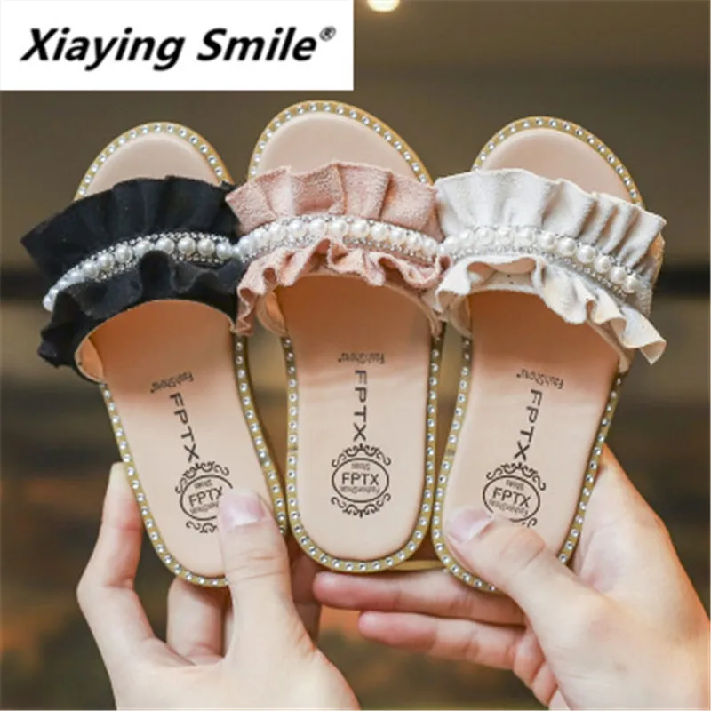 

Xiaying Smile 2019 Children Slippers Summer New Beaded Fashion Girl Slippers Soft Bottom Lace Half Slippers Children Shoes