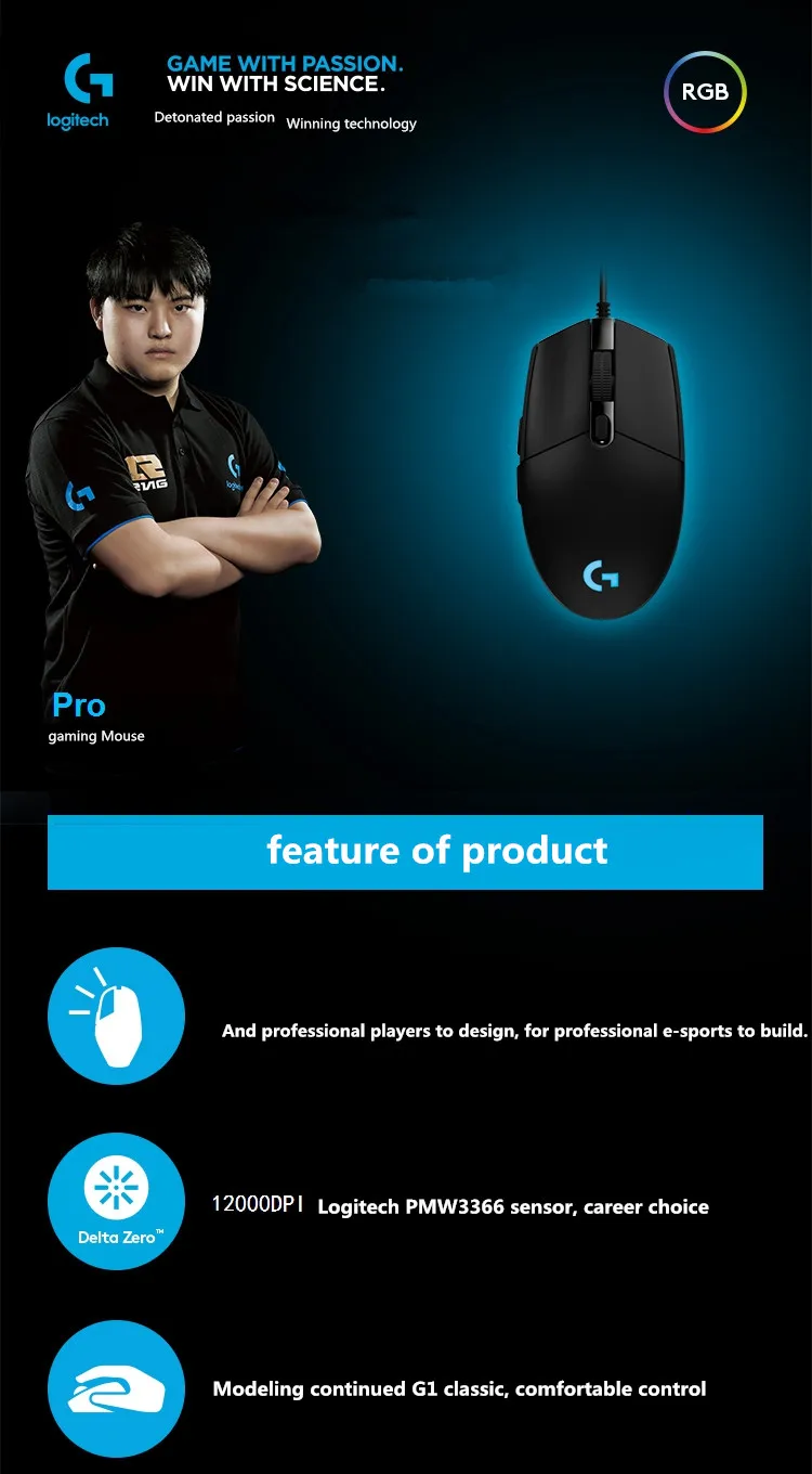 Проводная игровая мышь logitech G Pro RGB с красочной подсветкой для макросъемки