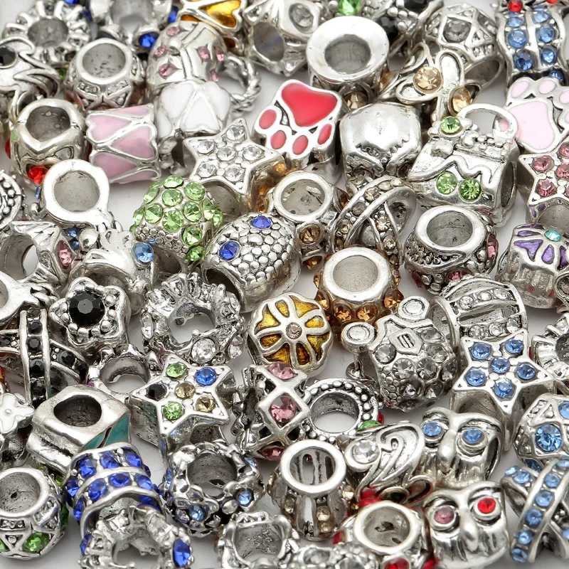 

Wholesale 45g Mixed Metal Big Hole Enamel Rhinestone Crystal Bead Charms For Needwork Bracelet Jewelry Making 8.5mm-12mm