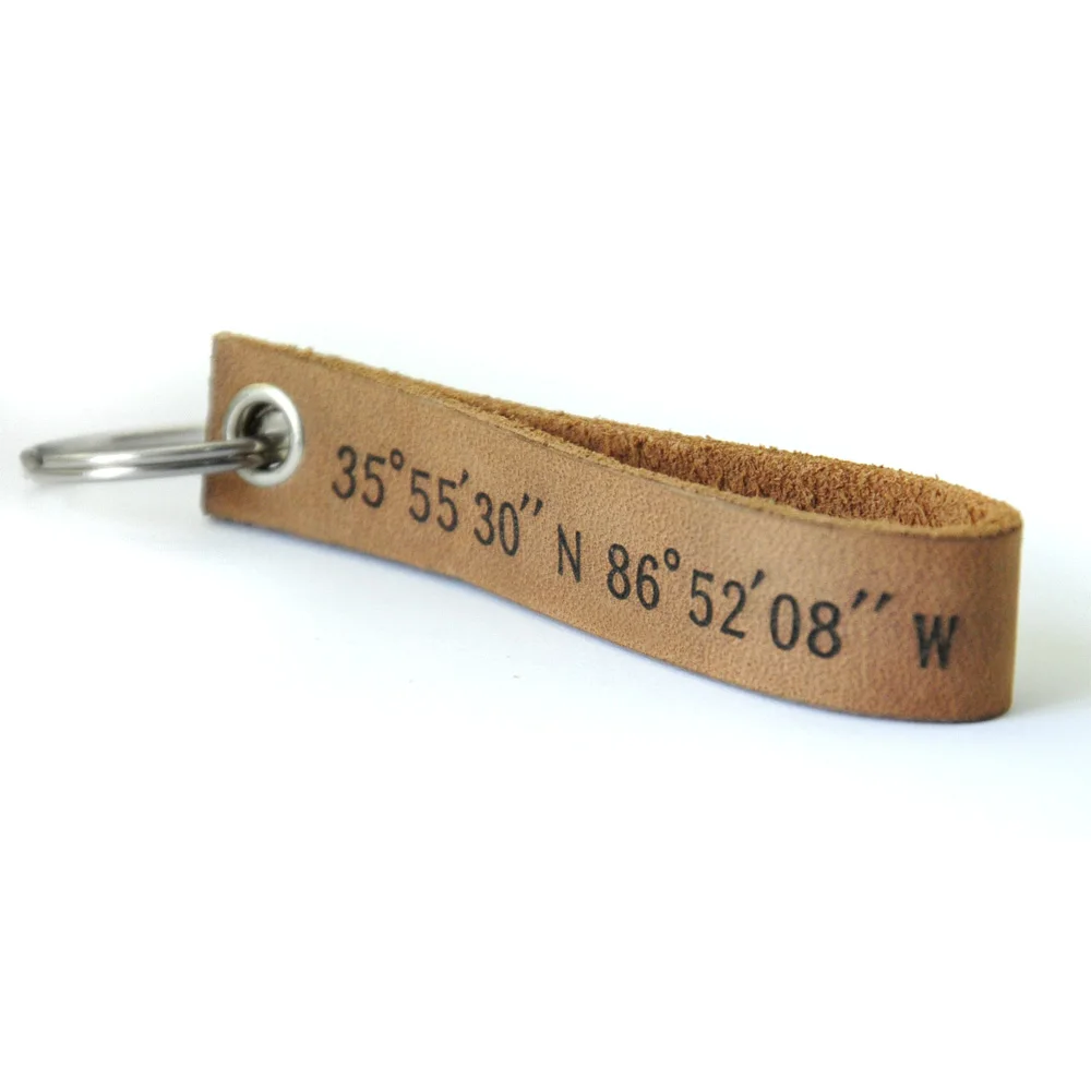

Personalized Leather Keychain Coordinates Keychain, Custom Leather Key Ring Permanent Engraved Anniversary Gift Fathers Gift