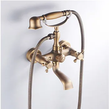 

Antique Brass Finish Inspired Tub Faucet Wall Mounted Mixer Tap W/ Hand Shower