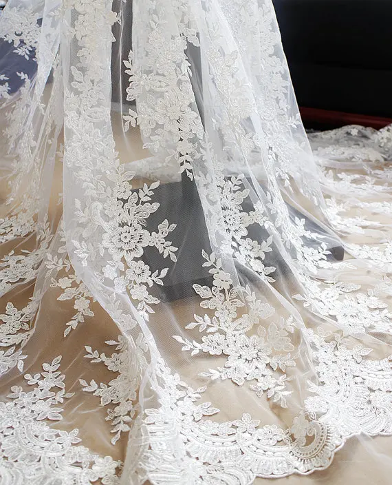 

5 yards per lot ivory cord lace fabric, vintage ivory lace fabric for bridal gown, bridal lace fabric