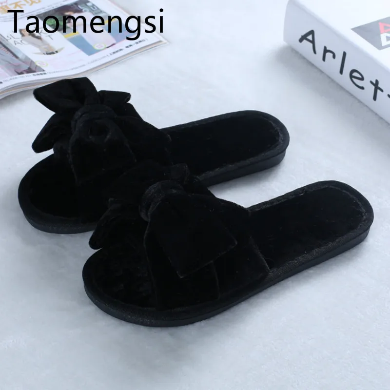 Зимние хлопковые тапочки taomangsi черные открытые домашние Mao на плоской подошве с