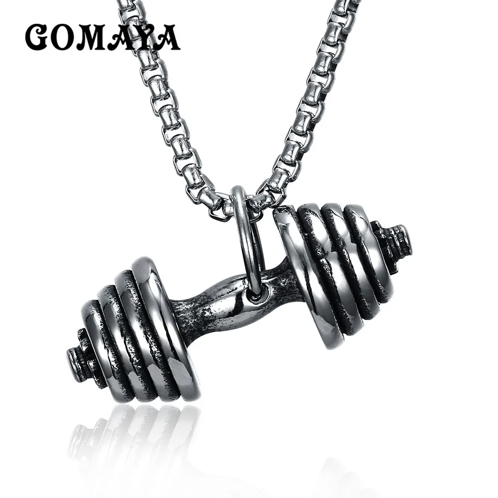 GOMAYA Mens Necklace Gym Bodybuilding Barbell Long Chain Gift Men