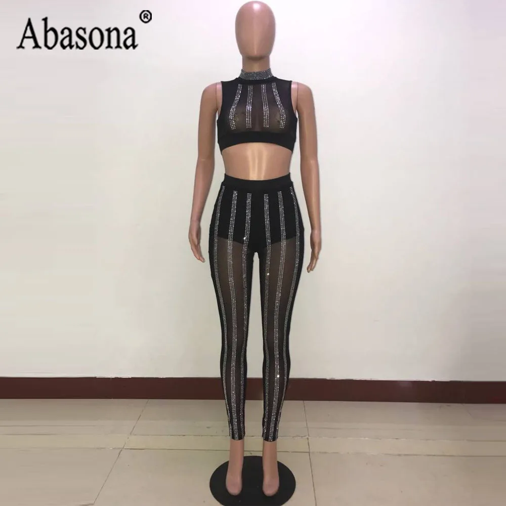 Abasona Women Sexy Diamond Sheath Long Jumpsuit Women Black Mesh See Through Sleeveless Turtleneck Playsuit 2 Piece Sets Romper 
