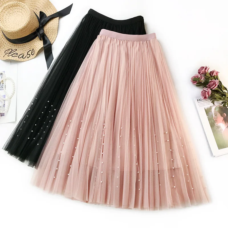 

Wasteheart Pink Black Sexy Women Skirts High Waist Pleated Mid-Calf Long Skirts Mesh Clothing Vintage Beading A-Line Skirts