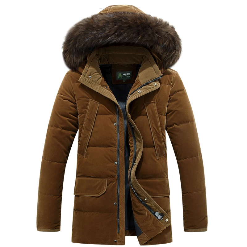 

Plus Size 4XL Fur Collar Mens Medium Long Overcoat White Duck Down Jacket Men Thick Thermal Russia Winter Down Coat -30 degree