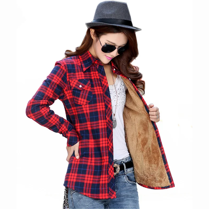 women winter warm plus velvet fashion long sleeve wild plaid coat lady wild pocket shirt plus size tops thicken blouse S2912