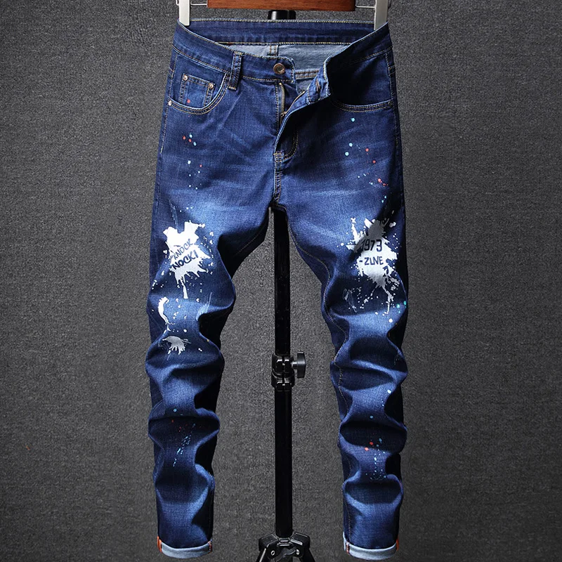 

European American Style Fashion Men's Jeans Blue Color Colorful Paint Printed Jeans Slim Fit Brand Punk Pants Hip Hop Jeans Men