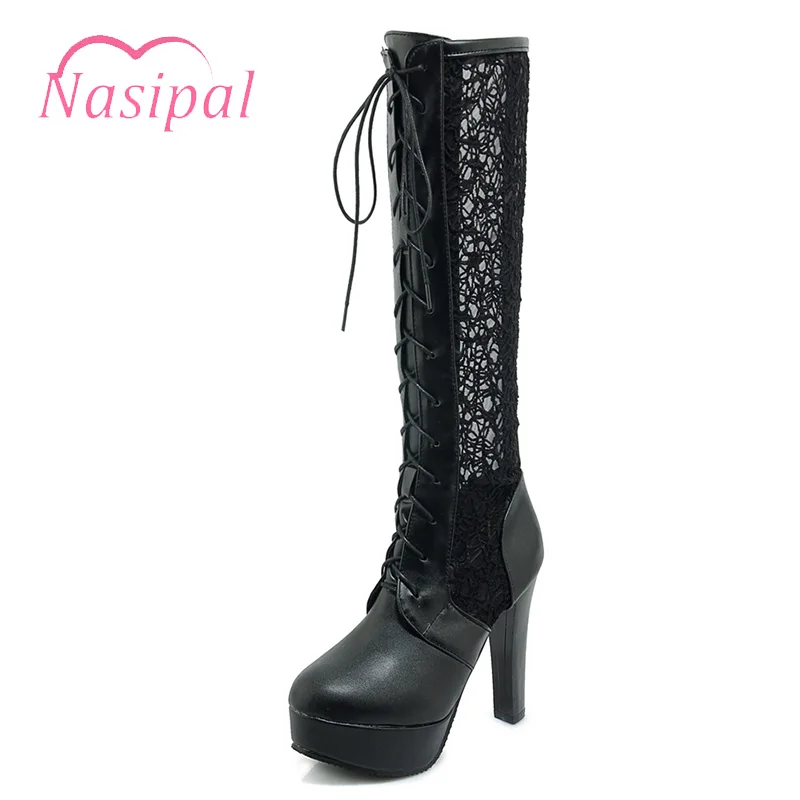 

Nasipal Large Size 46 Lace Up Knee High Boots Women Autumn Soft Leather Fashion White Thick Heel Woman Gladiator Roman Shoes