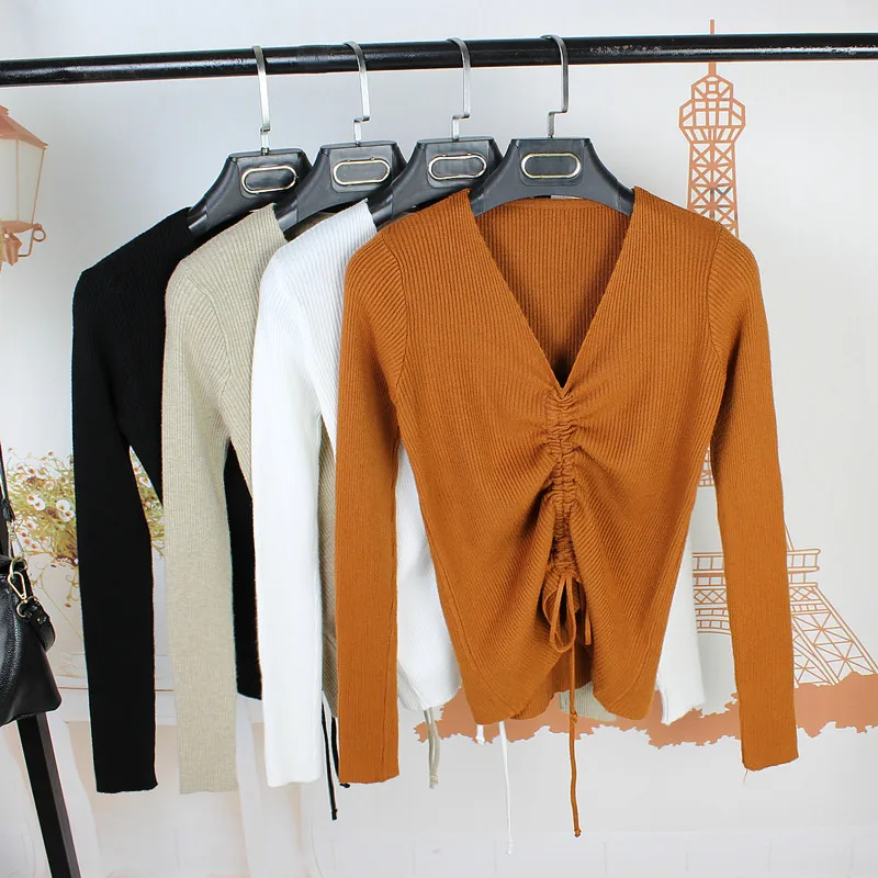 Sexy Ribbed Winter Drawstring Tie Knitted Sweater Cashmere Women Sweaters And Pullovers Autumn Long Sleeve Sweater Jumper D274