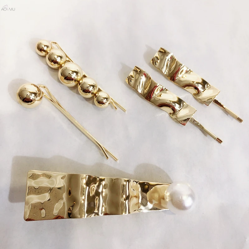 

AOMU Korea Fashion Metal Gold Color Hairclips Geometric Irregular Imitiated-Pearl Hairpins Hair Accessories for Women Girls