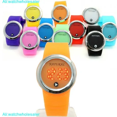 DW418H NATURAL PNP Shiny Silver Watchcase LED Silicone Orange Band Digital Watch