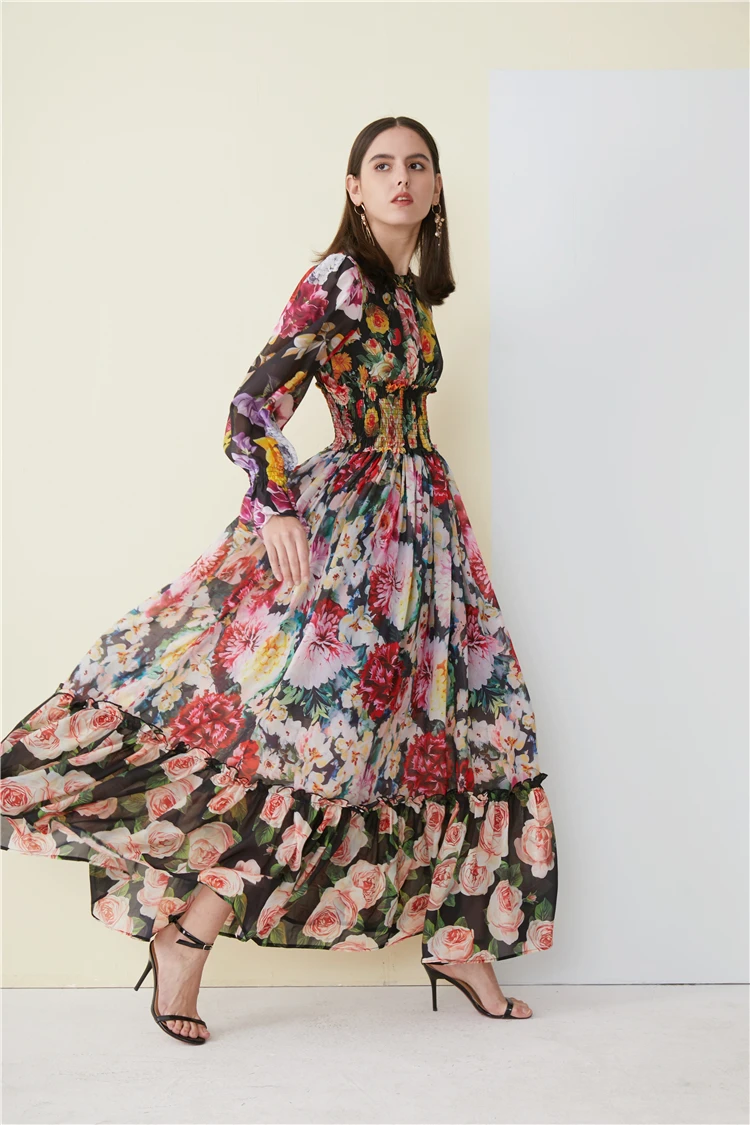 Truevoker, дизайнерское макси платье, высокое качество, длинный рукав, необычные, с цветочным принтом, длинное шелковое платье, изысканные вечерние платья