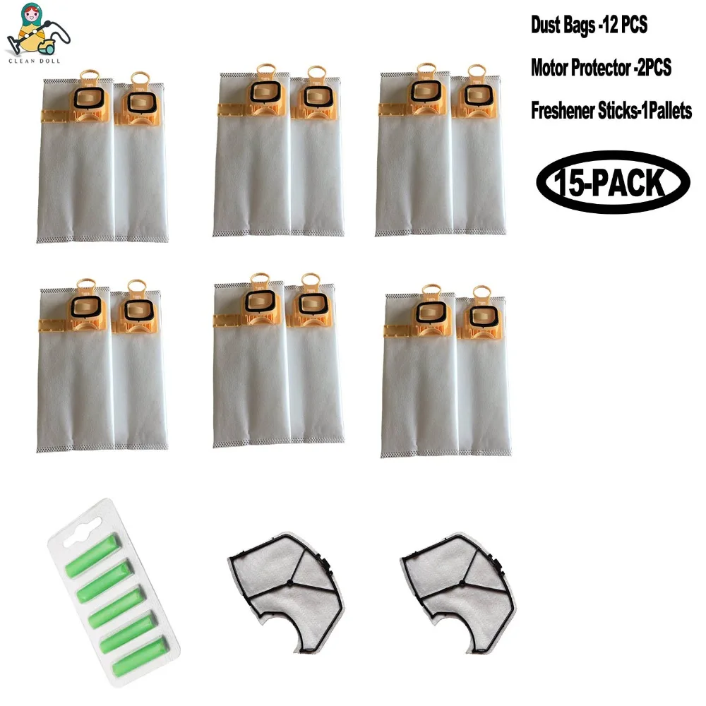 

CLEAN DOLL 15-PACK 2 Motor Protector 1 Freshener 12PCS dust Filter Bag for Folletto Vorwerk Kobold VK140 VK150 FP140 Parts