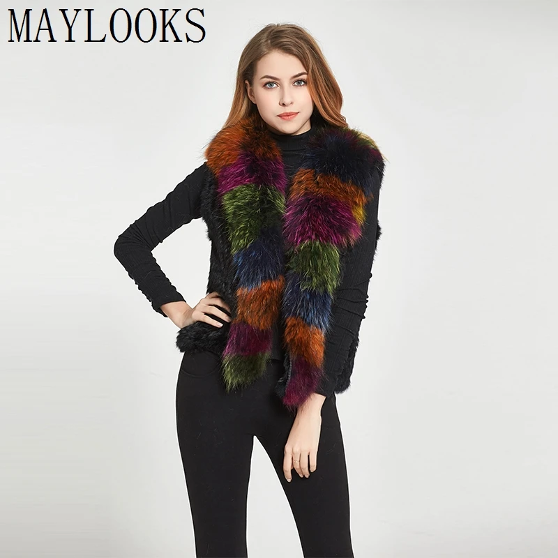 

Mink Coats Women 2018 Real Fur Coat New Rabbit Classical Knitted Vest Gilet With Raccoon Collar Women Colorful Multiple Cs81