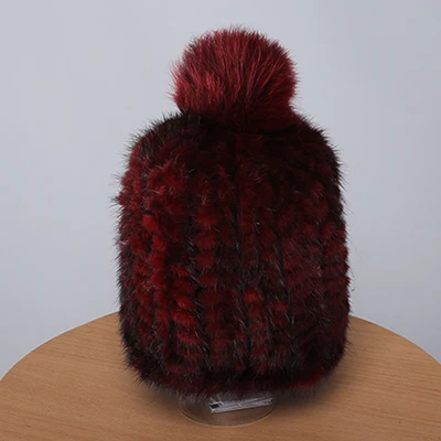 Magelier/женские теплые зимние шапки из натурального меха, вязаные натуральные шапочки с мехом норки, помпоны с лисьим мехом, мягкие шапочки, новинка MZ005 - Цвет: Wine red