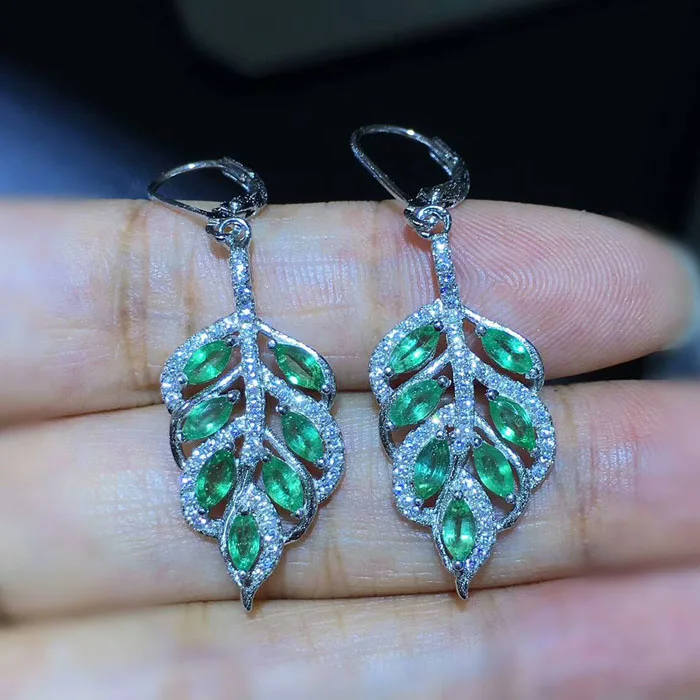Qi Xuan_Maple Leaf S925 Серебряная инкрустированная Коламбия серьги с зеленым камнем Драгоценный Зеленый Камень женские ювелирные изделия прямые продажи с фабрики